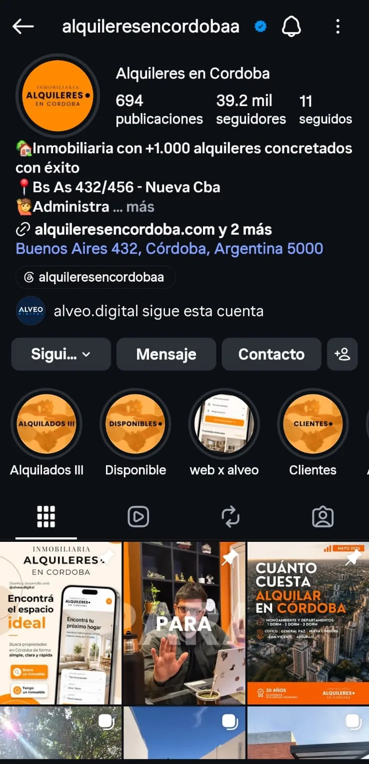 Perfil de Instagram de Inmobiliaria Alquileres en Córdoba con el destacado “web x alveo”