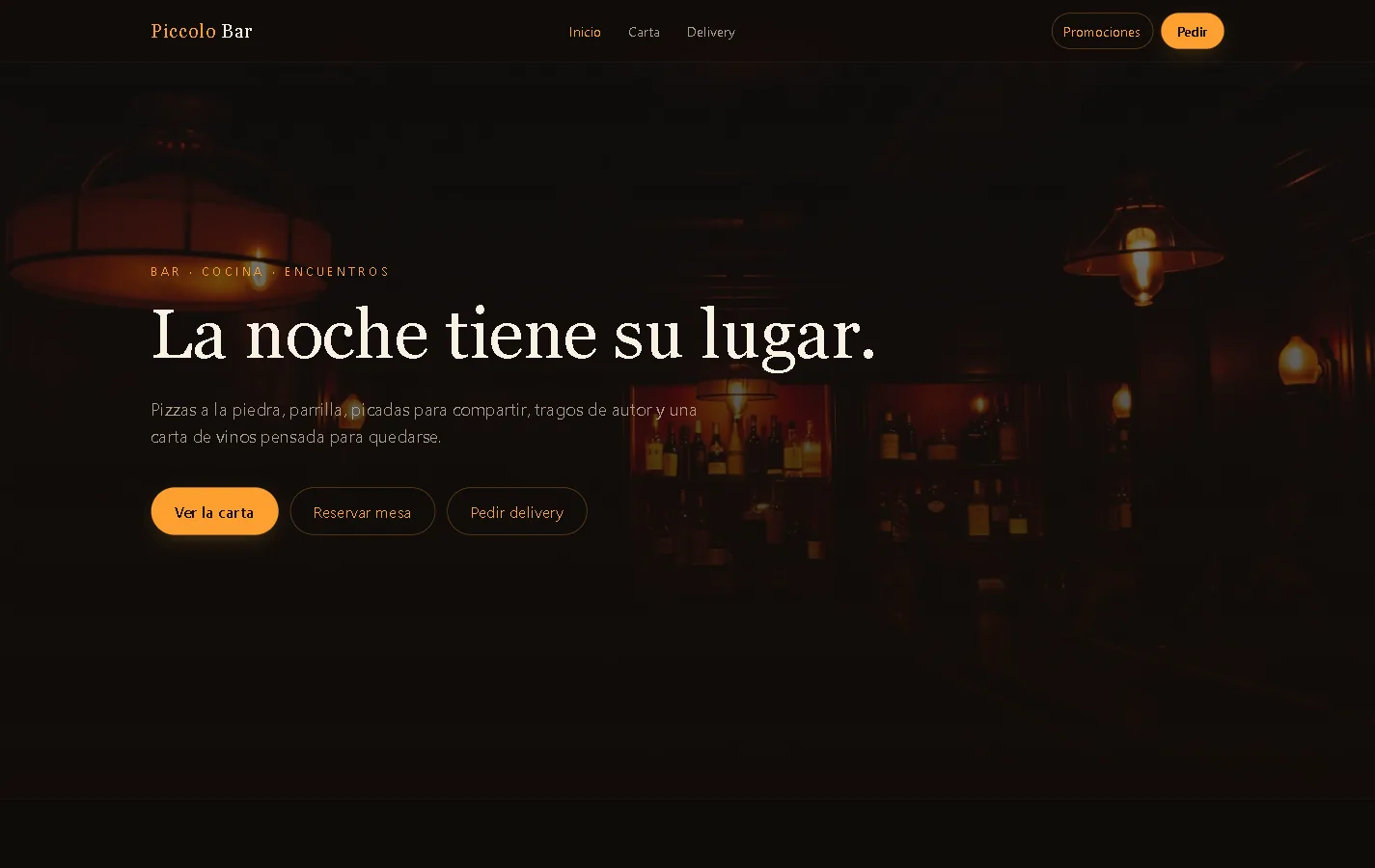 Página web de Piccolo Bar vista en computadora